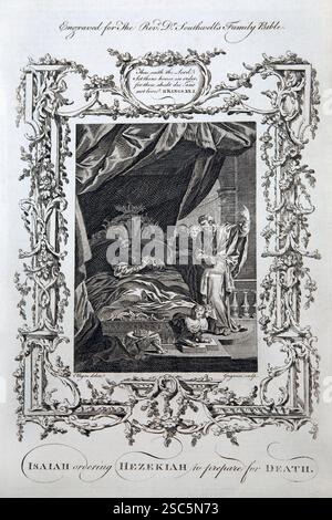 Kupferstich von Jesaja, die Hiskiah zur Vorbereitung auf den Tod (Könige) aus dem Antike 1780 die Familienbibel von Reverend Dr Southwell (The Univer) Stockfoto