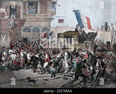 Frankreich. Paris. 1830 Revolution. 28. Juli Bau der Barrikade. Stich von Martinet, 1897. Stockfoto