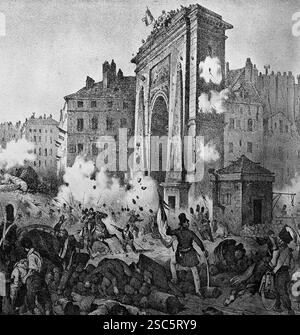 Frankreich. Paris. 1830 Revolution. 28 Juillet. Konfrontation en Saint-Denis Gate. Gravur der Ära. 19. Jahrhundert. Stockfoto