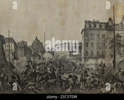 Kämpfe. La Bastilla Square. Juli 1830. Paris. Frances. 1830 Umdrehung. Stich von Victor Adam, 19. Jh. Stockfoto