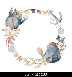 Aquarellkranz Piraten Pinguine, Pinsel, Seife, Muscheln, Algen, Korallen, Anker. Handgezeichnete Illustration für Vorlage, Dekoration von Kindern Stockfoto