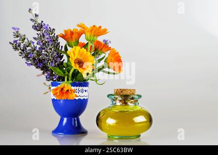 Ringelblumen und Lavendelblüten und ätherisches Öl Stockfoto