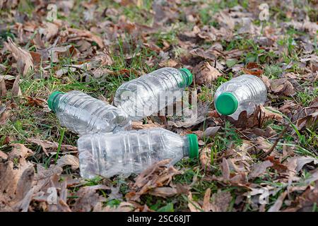 Plastikflaschen, die mitten in der Natur liegen gelassen werden. Stockfoto