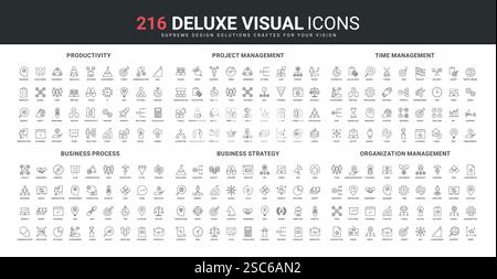 Produktivität von Geschäftsstrategie und Projektmanagement, Zeiterfassung und Prozessorganisation. Personalwesen, Unternehmenshierarchie, ESG dünne schwarze Umrisssymbole Vektorillustration Stock Vektor
