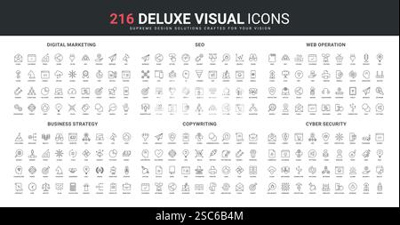 Digitales Marketing und SEO-Service, Einstellungen und Betrieb von Web-Apps, Symbolsatz für den Schutz der Cybersicherheit. Unternehmenswachstumsstrategie, Texterstellung dünne schwarze Umrisssymbole Vektor-Illustration Stock Vektor