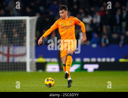 Barcelona, Spanien. Februar 2025. Asencio von Real Madrid spielte am 1. Februar 2025 im RCDE-Stadion in Barcelona, Spanien, während des La-Liga-Spiels zwischen RCD Espanyol und Real Madrid. (Foto: Sergio Ruiz/IMAGO) Credit: PRESSINPHOTO SPORTS AGENCY/Alamy Live News Stockfoto