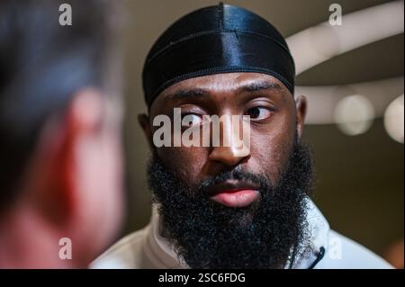 New Orleans, USA. Februar 2025. Philadelphia Eagles Wide Receiver #80 Parris Campbell spricht während der Medienverfügbarkeit der Philadelphia Eagles vor dem Super Bowl LIX im Hilton New Orleans Riverside in New Orleans, Louisiana am 5. Februar 2025 mit Medienmitgliedern. Der Super Bowl LIX findet am Sonntag, den 9. Februar 2025, zwischen den Kansas City Chiefs und den Philadelphia Eagles statt. (Foto: Anthony Behar/SIPA USA) Credit: SIPA USA/Alamy Live News Stockfoto