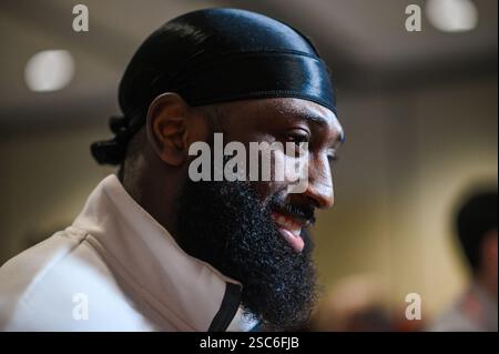 New Orleans, USA. Februar 2025. Philadelphia Eagles Wide Receiver #80 Parris Campbell spricht während der Medienverfügbarkeit der Philadelphia Eagles vor dem Super Bowl LIX im Hilton New Orleans Riverside in New Orleans, Louisiana am 5. Februar 2025 mit Medienmitgliedern. Der Super Bowl LIX findet am Sonntag, den 9. Februar 2025, zwischen den Kansas City Chiefs und den Philadelphia Eagles statt. (Foto: Anthony Behar/SIPA USA) Credit: SIPA USA/Alamy Live News Stockfoto
