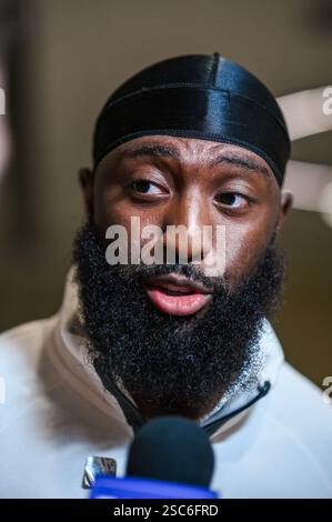 New Orleans, USA. Februar 2025. Philadelphia Eagles Wide Receiver #80 Parris Campbell spricht während der Medienverfügbarkeit der Philadelphia Eagles vor dem Super Bowl LIX im Hilton New Orleans Riverside in New Orleans, Louisiana am 5. Februar 2025 mit Medienmitgliedern. Der Super Bowl LIX findet am Sonntag, den 9. Februar 2025, zwischen den Kansas City Chiefs und den Philadelphia Eagles statt. (Foto: Anthony Behar/SIPA USA) Credit: SIPA USA/Alamy Live News Stockfoto