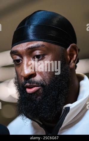New Orleans, USA. Februar 2025. Philadelphia Eagles Wide Receiver #80 Parris Campbell spricht während der Medienverfügbarkeit der Philadelphia Eagles vor dem Super Bowl LIX im Hilton New Orleans Riverside in New Orleans, Louisiana am 5. Februar 2025 mit Medienmitgliedern. Der Super Bowl LIX findet am Sonntag, den 9. Februar 2025, zwischen den Kansas City Chiefs und den Philadelphia Eagles statt. (Foto: Anthony Behar/SIPA USA) Credit: SIPA USA/Alamy Live News Stockfoto