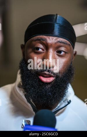 New Orleans, USA. Februar 2025. Philadelphia Eagles Wide Receiver #80 Parris Campbell spricht während der Medienverfügbarkeit der Philadelphia Eagles vor dem Super Bowl LIX im Hilton New Orleans Riverside in New Orleans, Louisiana am 5. Februar 2025 mit Medienmitgliedern. Der Super Bowl LIX findet am Sonntag, den 9. Februar 2025, zwischen den Kansas City Chiefs und den Philadelphia Eagles statt. (Foto: Anthony Behar/SIPA USA) Credit: SIPA USA/Alamy Live News Stockfoto