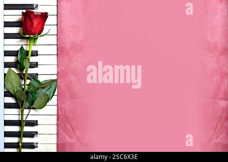 Rote Rose und Klaviertasten auf grunge-rosa Hintergrund Stockfoto