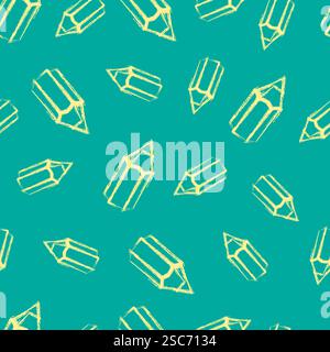 Handgezeichnetes nahtloses Muster mit Kreidesilhouetten von Bleistiften. Vektorillustration auf grünem Hintergrund. Schulmuster. Stock Vektor