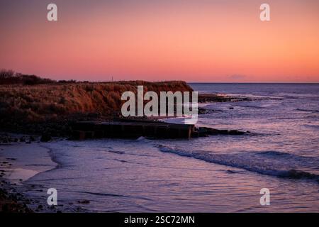 Sonnenaufgang am Togston Beach, Druridge Bay Northumberland, 2025 Stockfoto