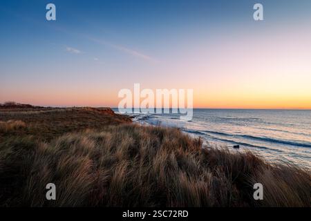 Sonnenaufgang am Togston Beach, Druridge Bay Northumberland, 2025 Stockfoto
