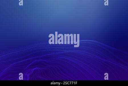 3D-Rendering einer abstrakten Welle, die durch verbindende Punkte gebildet wird und ein dynamisches fließendes Muster vor einem blau-violetten Hintergrund erzeugt Stockfoto
