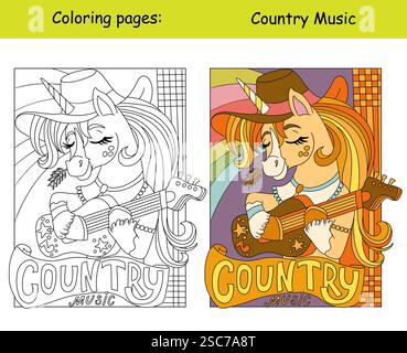 Ein süßes träumendes Country-Musik-Einhorn, das Gitarre spielt. Kinder Malbuch Seite mit Farbvorlage. Vektor-Zeichentrick-Illustration. Lineare Zeichnung. Für Stock Vektor