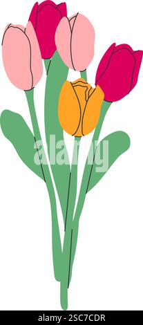 Tulpen Blumenstrauß isoliert. Blumenkollektion mit rosa, gelben Blüten auf transparentem Hintergrund. Einfache flache Bauweise. Vektorabbildung Eps10 Stock Vektor