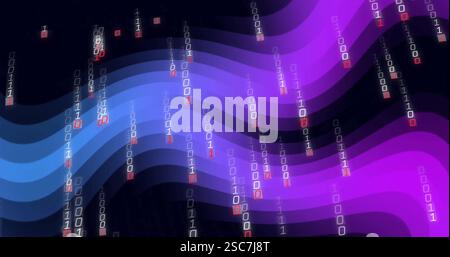 Binärer Code und Datenströme über violette und blaue Wellen, digitales Bild Stockfoto
