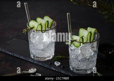 Gin Tonic mit Gurkenscheiben und Thymianzweigen Stockfoto