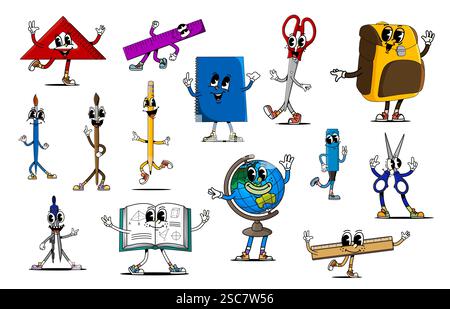 Cartoon groovige Schulpädagogik Schreibwaren Charaktere und lustige Schülerzubehör, Vektor-Comic. Groovige Schulfiguren von Herrschern mit flippigem Gesicht und Stock Vektor