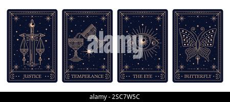 Tarotkarten mit esoterischen und magischen okkulten oder mystischen Symbolen in Rahmen, Vektorhintergründen. Tarotkarten goldene Rahmen mit heiligen esoterischen Symbolen Stock Vektor