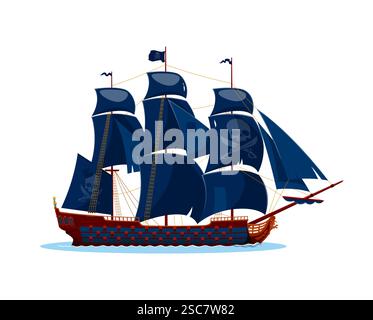 Piratenschiff oder Korsair Segel Boot mit Jolly Roger Schädel und Kreuzknochenschwertern, Cartoon Vektor. Piratenschiff oder Fregattschiff mit schwarzen Segeln und Dose Stock Vektor