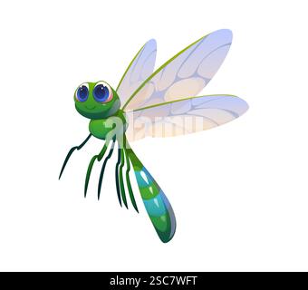 Comic lustige Libelle Insektenfigur. Kawaii Baby Bug Cartoon süßes Maskottchen. Fliegende Libelleninsekte Zeichentrickfilm isolierter Vektor lustiger Charakter oder gard Stock Vektor