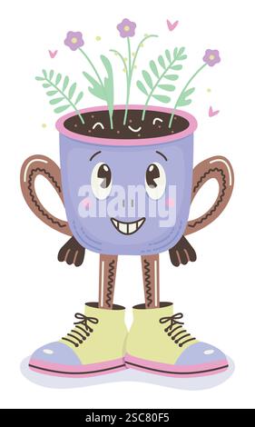 Grooviger Kaffeetasse Charakter, skurriler Topf mit Pflanzen, Farbvektor-Kritzelei, trendige verspielte Cartoon eines kleinen Mannes in großen Schuhen Stock Vektor
