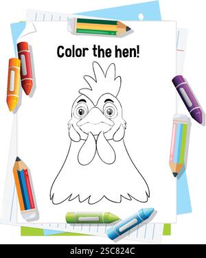 Lustige Ausmalseite mit einem fröhlichen Huhn Stock Vektor