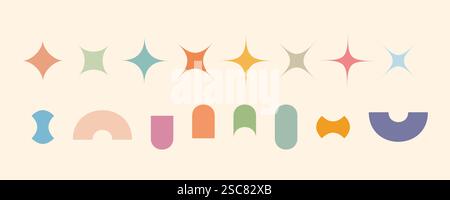 Minimalistisches geometrisches Set, abstrakte bauhausformen, groovige Farben. Einfache Sternform, Grundform, trendiges modernes grafisches Element Vektorset Stock Vektor