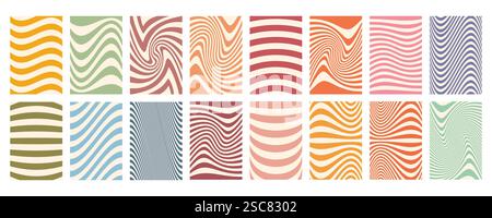 Grooviges großes Set mit Wellenstreifen. Handgezeichnete groovige Hippie-Hintergründe. Verzerrte, ungleichmäßige Streifen, verzerrte Streifen, flüssige Wellenlinien, Kritzelwellen Stock Vektor