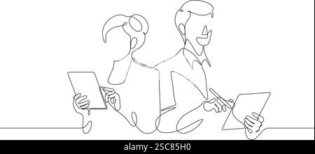 Mann und Frau, die digitale Tablet-Porträtgeschäft verwenden, Werbung eine Zeile zeichnen kontinuierlichen Minimalismus Stock Vektor