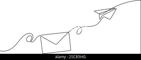 Fliegendes Papierflugzeug und Briefumschlag eine Linie, die ununterbrochene Minimalität zeichnet Stock Vektor