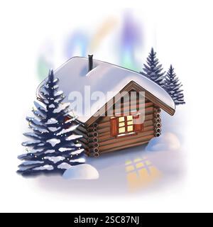 Illustration eines Winterholzhauses zwischen schneebedeckten Tannen, mit warmem Licht aus den Fenstern und leuchtendem Nordlicht im Hintergrund. Stockfoto
