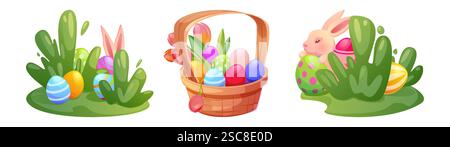 Osterkorb-Festungsset - Korbbehälter gefüllt mit Eiern, Frühlingstulpen, Häschen, der durch grüne Büsche schaut, bunt dekorierte Eier auf Gras. Design mit Elementen für das Jagdspiel in Zeichentrickfilmen. Stock Vektor