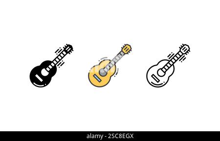 Akustikgitarren-Ikone – stellt Musikinstrumente, Unterhaltung und Hobbys dar. Vektorsymbol mit Kontur, Glyphe und gefülltem Konturstil Stock Vektor