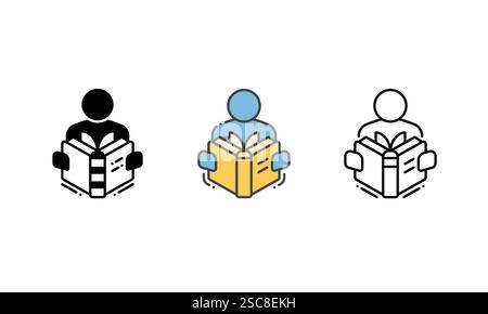 Vektorsymbol einer Person, die ein Buch liest, repräsentiert das Hobby des Lesens. Kontur, Glyphe und gefüllter Konturstil Stock Vektor