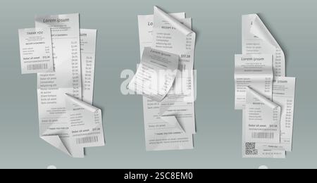 Rechnungsbelege in Papierform – verteilte Zahlungsbelege mit Preisen, Barcodes und Transaktionsdetails. Thermisch bedruckte Belege in Haufen – verschiedene Formate für den Einzelhandel, Restaurants oder Service-Checkout. Stock Vektor