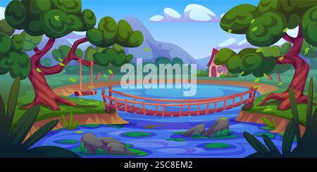 Ländliche Teichszene mit hölzerner Hängebrücke mit Seilgeländern, die den See mit blauem Wasser überqueren, umgeben von üppigen Bäumen, Holzschaukel auf Holz. Friedliche Landschaft mit fernen Bergen und gemütlichem Ferienhaus. Stock Vektor