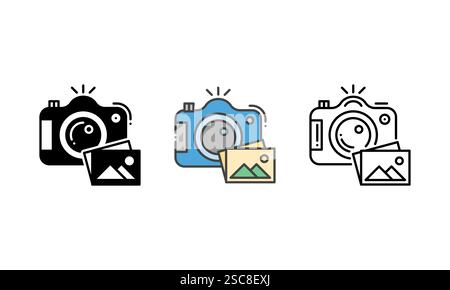 Foto-Symbol – mit DSLR-Kamera und Fotodruck. Vektorsymbol mit Kontur, Glyphe und gefülltem Konturstil Stock Vektor