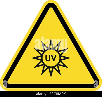 Warnschild für UV-Licht-Gefahr. Dreieckiger gelber Hintergrund. Sicherheitsschilder und -Symbole. Stock Vektor
