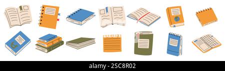Satz handgezeichneter Bücher. Stapel von Büchern, Notizbüchern, Notizen, offenen Büchern. Bildungskonzept. Stock Vektor