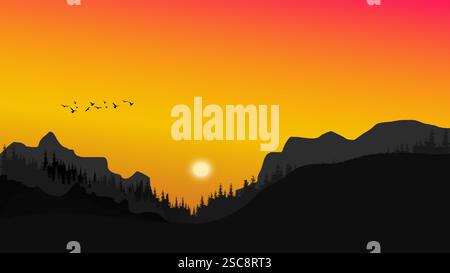 Malerischer Sonnenuntergang über Berglandschaft mit fliegenden Vögeln und Kiefern Silhouetten Stock Vektor
