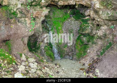 Kleine natürliche Quelle, die aus einem felsigen Hügel entspringt, mit Wasser, das aus einer mit grünem Moos bedeckten Spalte fließt. Die Umgebung besteht aus Felsen und Stockfoto