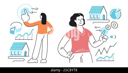 Mensch steuert Smart-Home-Gerät. Immobilienmarktanalyse und -Forschung. Vektorabbildung Stock Vektor