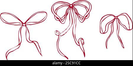 Handgezeichnete Vektorschleifen mit verschiedenen Formen und Bandstilen. Minimalistisches Rot konturiert linearer trendiger Skizzenstil. Illustration für Mode Stock Vektor