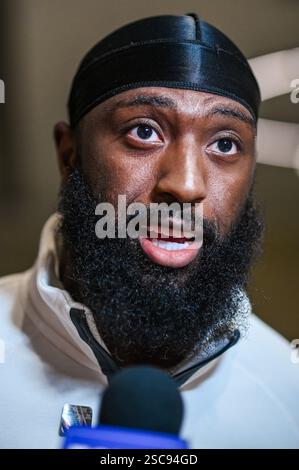 Philadelphia Eagles Wide Receiver, Parris Campbell, während einer Medienkonferenz im Hilton New Orleans Riverside. USA. Die Kansas City Chiefs treffen am Sonntag im Super Bowl LIX auf die Philadelphia Eagles. Bilddatum: Mittwoch, 5. Februar 2025. Stockfoto