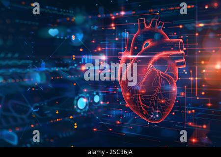 Ein 3D-Modell des Herzens in Blau-Blau-Tönen mit Glühen, modernen Technologien und der Untersuchung des menschlichen Körpers Stockfoto