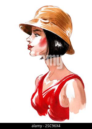 Schöne Frau in rotem Kleid und Hut. Handgezeichnete Aquarellillustration Stockfoto
